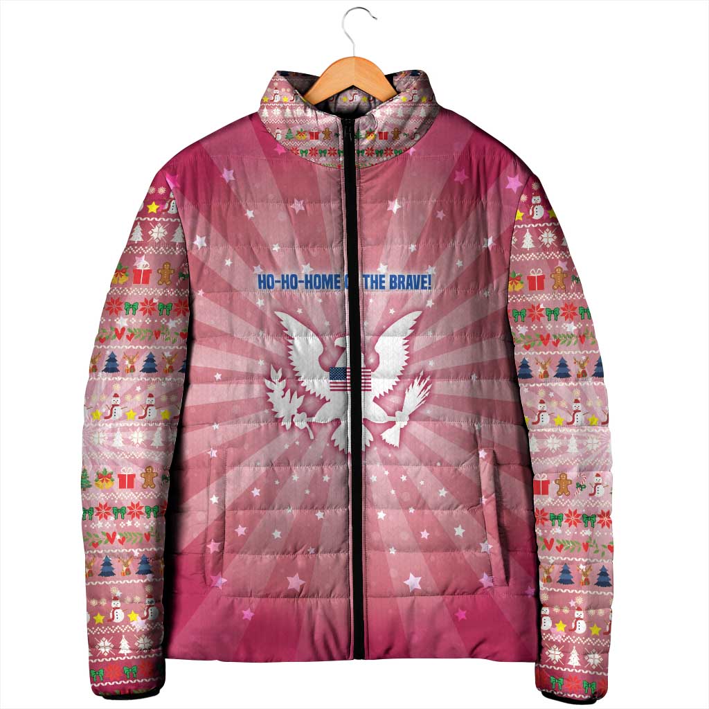 USA Christmas Padded Jacket with Bald Eagle Seal Pink Starburst Pattern and Festive Holiday Icons - Wonder Print Shop