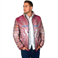 USA Christmas Padded Jacket with Bald Eagle Seal Pink Starburst Pattern and Festive Holiday Icons - Wonder Print Shop
