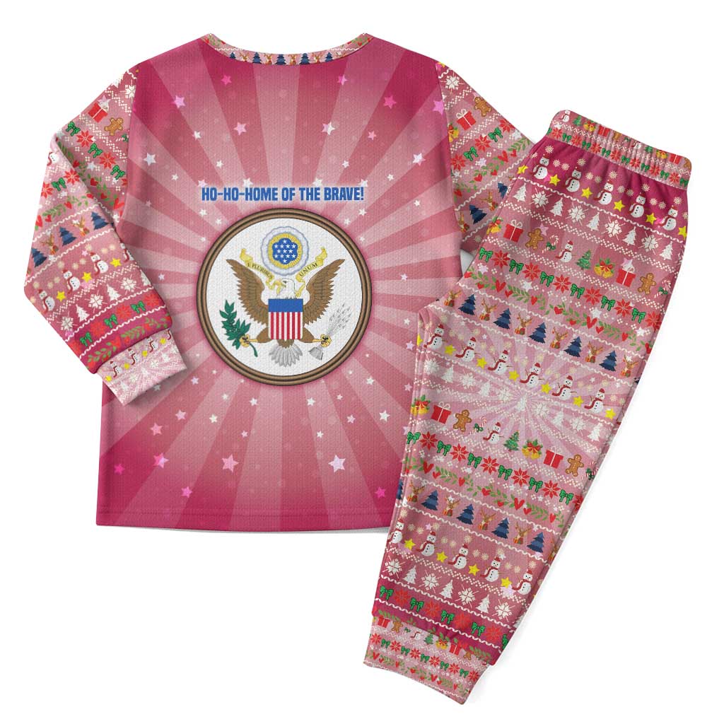 USA Christmas Pajama Set with Bald Eagle Seal Pink Starburst Pattern and Festive Holiday Icons - Wonder Print Shop