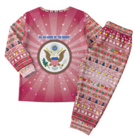 USA Christmas Pajama Set with Bald Eagle Seal Pink Starburst Pattern and Festive Holiday Icons - Wonder Print Shop