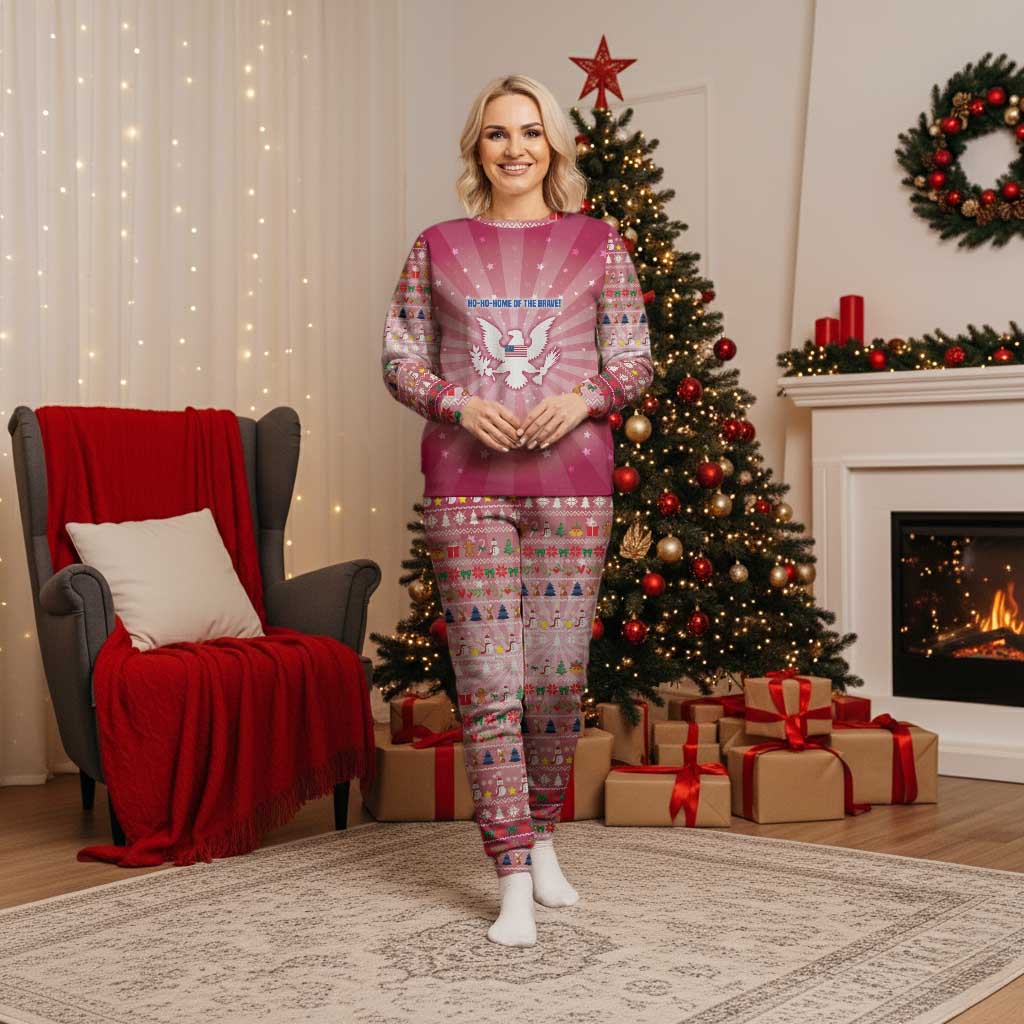 USA Christmas Pajama Set with Bald Eagle Seal Pink Starburst Pattern and Festive Holiday Icons - Wonder Print Shop
