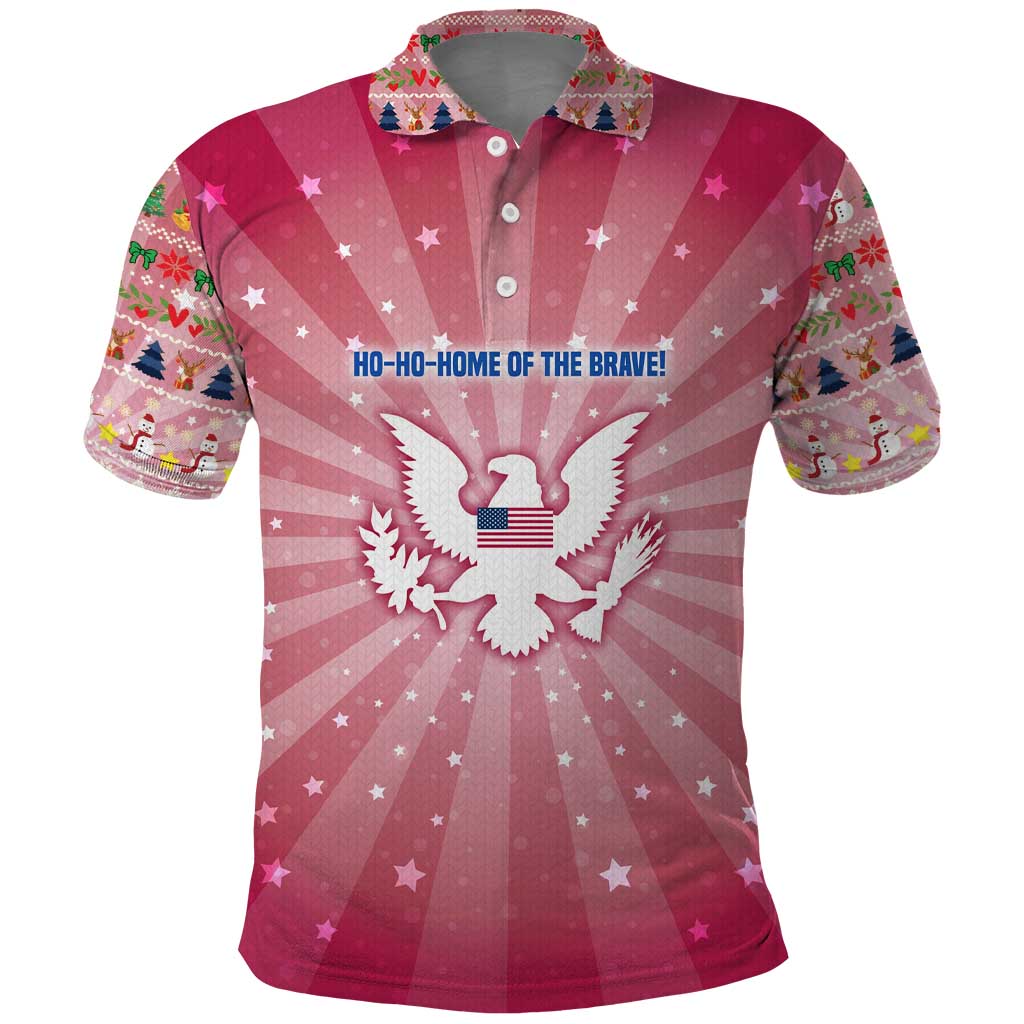 USA Christmas Polo Shirt with Bald Eagle Seal Pink Starburst Pattern and Festive Holiday Icons - Wonder Print Shop