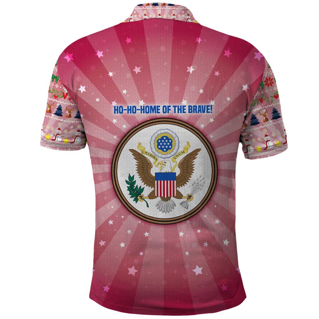 USA Christmas Polo Shirt with Bald Eagle Seal Pink Starburst Pattern and Festive Holiday Icons - Wonder Print Shop