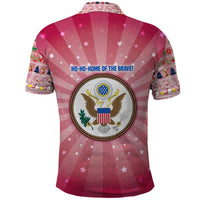 USA Christmas Polo Shirt with Bald Eagle Seal Pink Starburst Pattern and Festive Holiday Icons - Wonder Print Shop