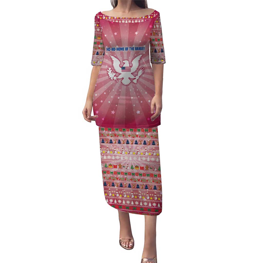 USA Christmas Puletasi with Bald Eagle Seal Pink Starburst Pattern and Festive Holiday Icons - Wonder Print Shop