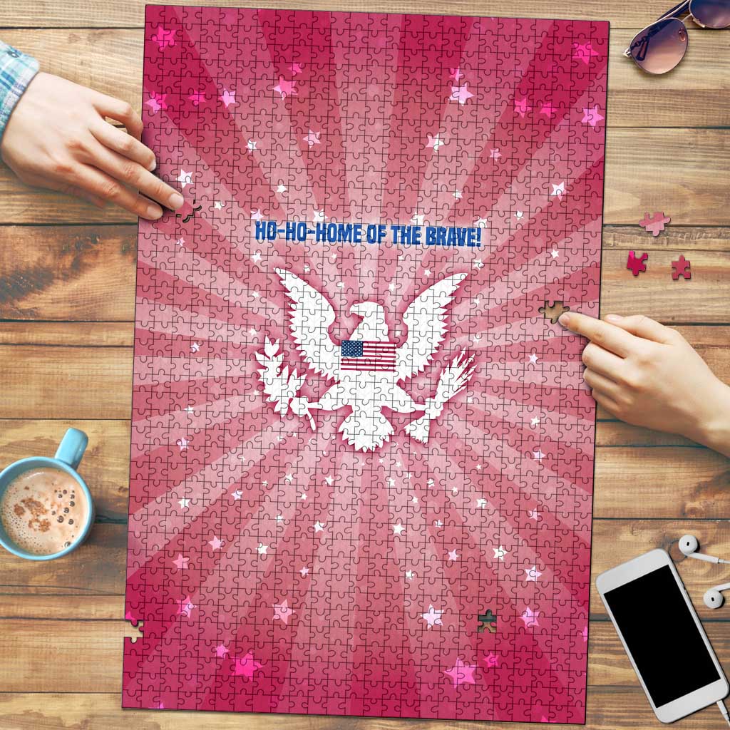 USA Christmas Puzzle with Bald Eagle Seal Pink Starburst Pattern and Festive Holiday Icons - Wonder Print Shop