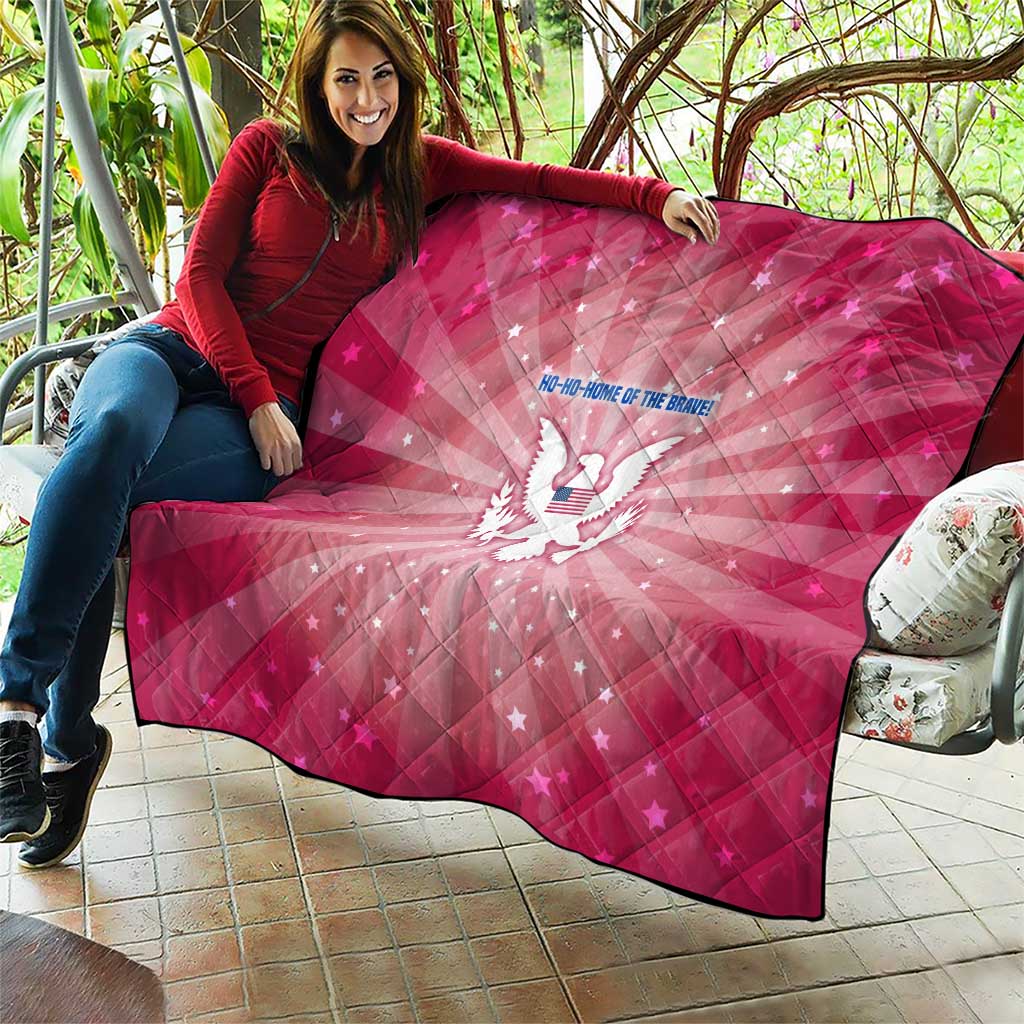 USA Christmas Quilt with Bald Eagle Seal Pink Starburst Pattern and Festive Holiday Icons - Wonder Print Shop