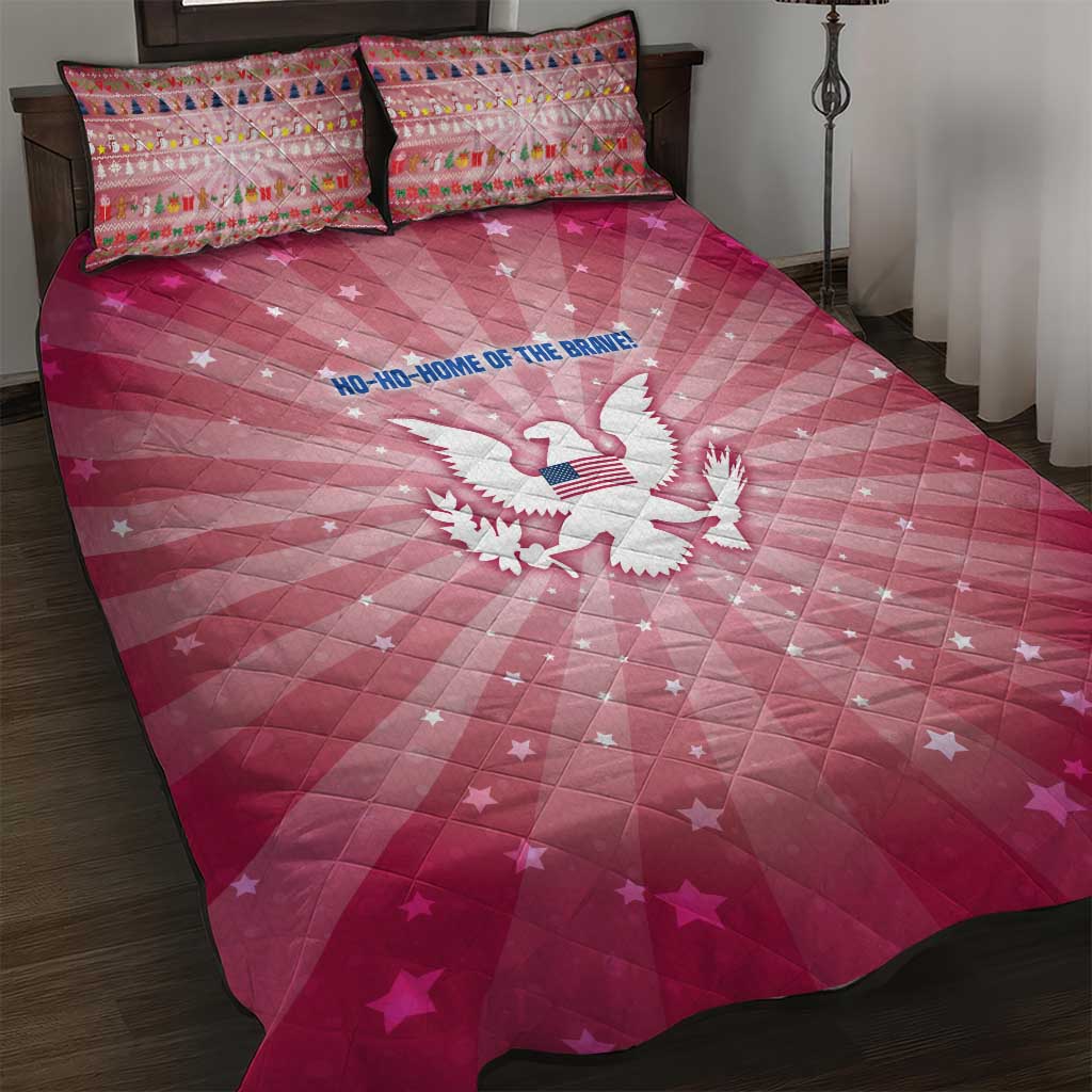 USA Christmas Quilt Bed Set with Bald Eagle Seal Pink Starburst Pattern and Festive Holiday Icons - Wonder Print Shop