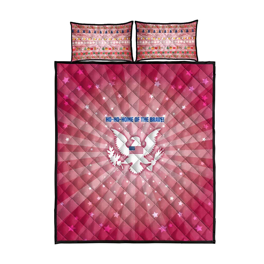 USA Christmas Quilt Bed Set with Bald Eagle Seal Pink Starburst Pattern and Festive Holiday Icons - Wonder Print Shop