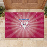 USA Christmas Rubber Doormat with Bald Eagle Seal Pink Starburst Pattern and Festive Holiday Icons - Wonder Print Shop