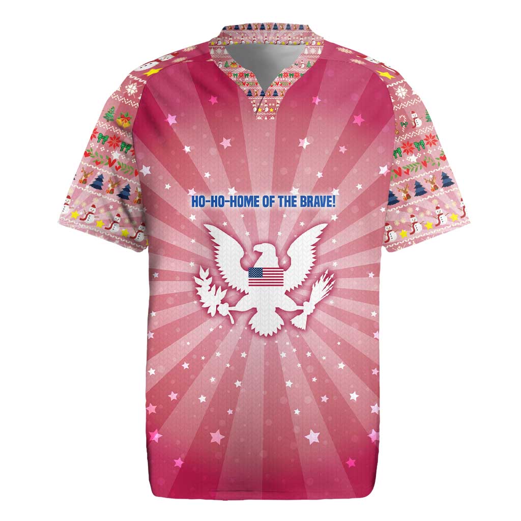 USA Christmas Rugby Jersey with Bald Eagle Seal Pink Starburst Pattern and Festive Holiday Icons - Wonder Print Shop
