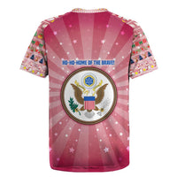 USA Christmas Rugby Jersey with Bald Eagle Seal Pink Starburst Pattern and Festive Holiday Icons - Wonder Print Shop