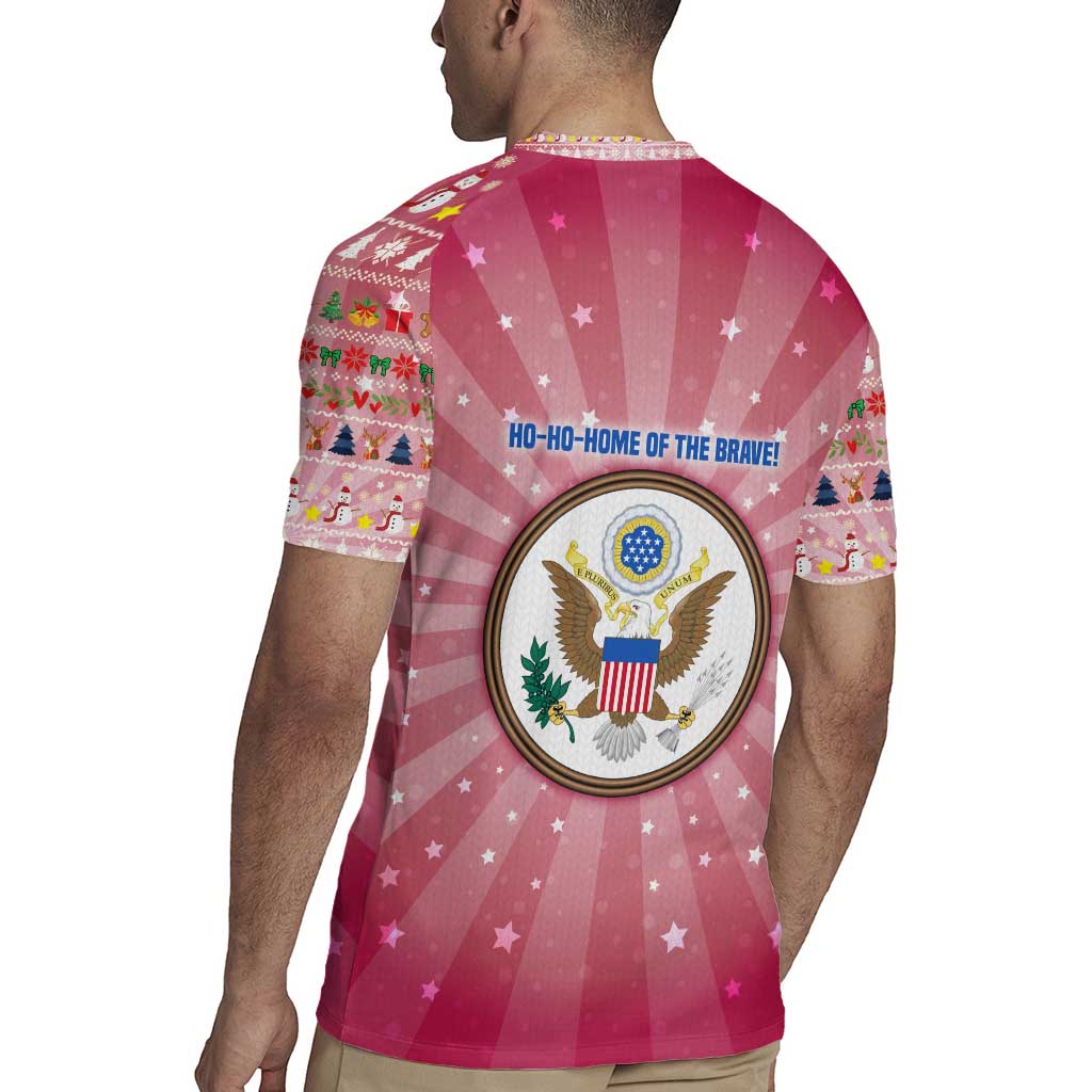 USA Christmas Rugby Jersey with Bald Eagle Seal Pink Starburst Pattern and Festive Holiday Icons - Wonder Print Shop