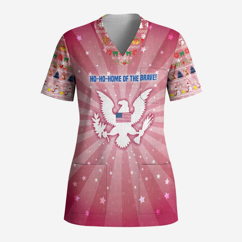 USA Christmas Scrub Top with Bald Eagle Seal Pink Starburst Pattern and Festive Holiday Icons - Wonder Print Shop