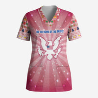 USA Christmas Scrub Top with Bald Eagle Seal Pink Starburst Pattern and Festive Holiday Icons - Wonder Print Shop