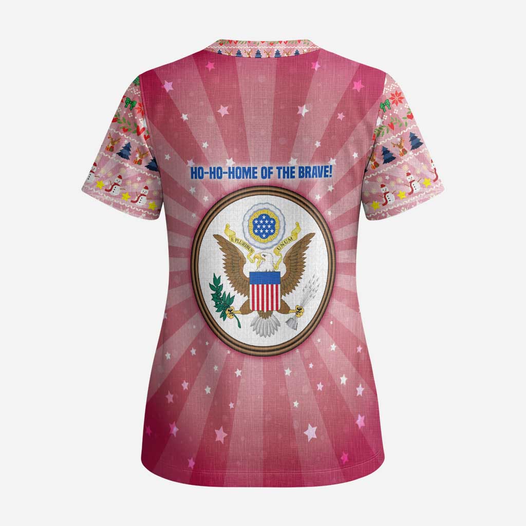 USA Christmas Scrub Top with Bald Eagle Seal Pink Starburst Pattern and Festive Holiday Icons - Wonder Print Shop