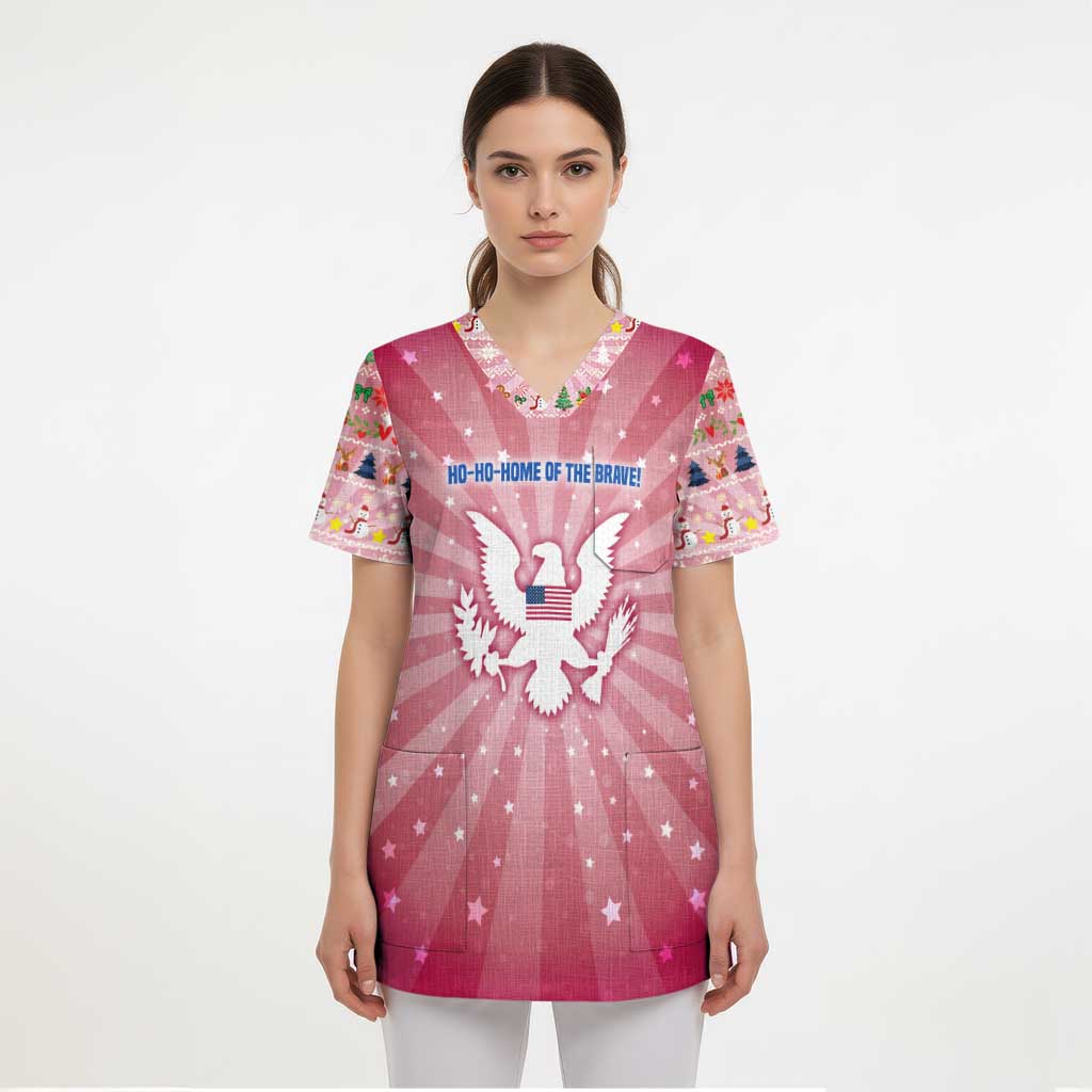 USA Christmas Scrub Top with Bald Eagle Seal Pink Starburst Pattern and Festive Holiday Icons - Wonder Print Shop