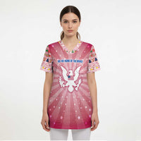 USA Christmas Scrub Top with Bald Eagle Seal Pink Starburst Pattern and Festive Holiday Icons - Wonder Print Shop