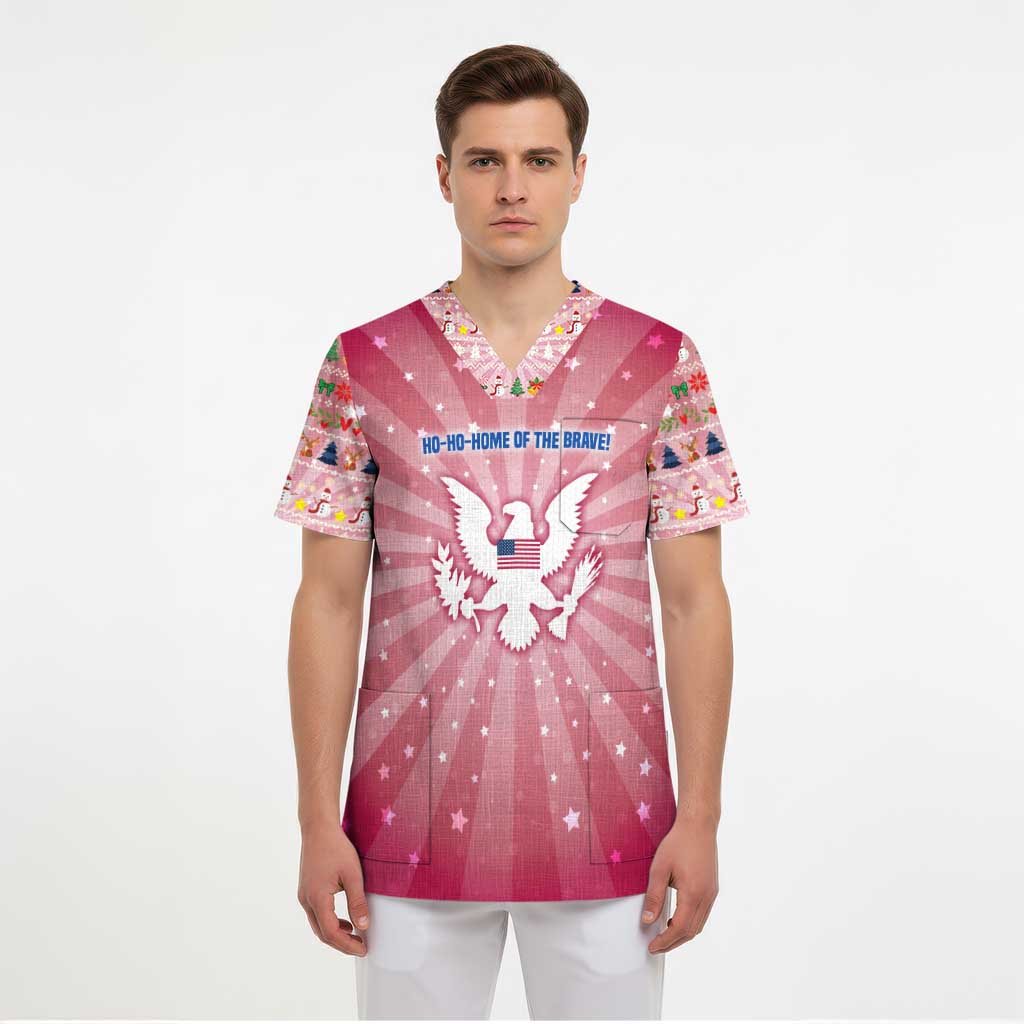 USA Christmas Scrub Top with Bald Eagle Seal Pink Starburst Pattern and Festive Holiday Icons - Wonder Print Shop