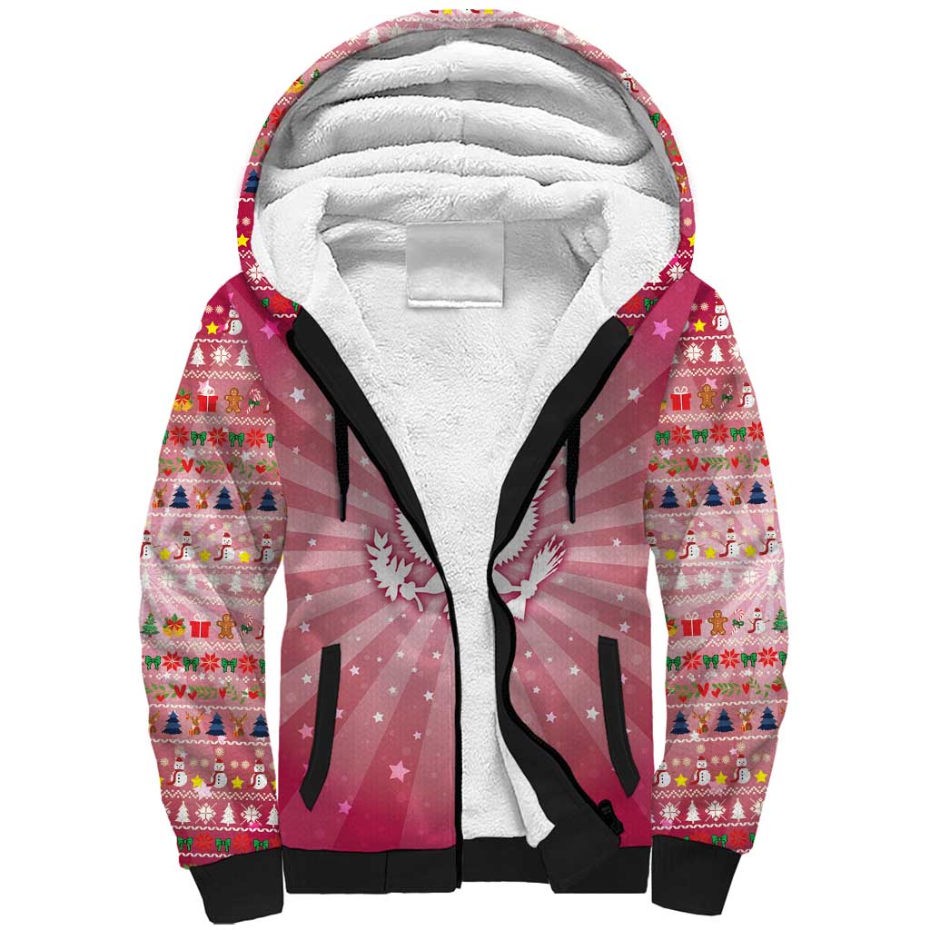 USA Christmas Sherpa Hoodie with Bald Eagle Seal Pink Starburst Pattern and Festive Holiday Icons - Wonder Print Shop