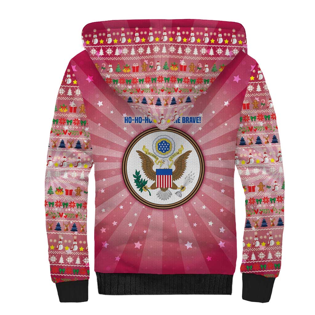 USA Christmas Sherpa Hoodie with Bald Eagle Seal Pink Starburst Pattern and Festive Holiday Icons - Wonder Print Shop