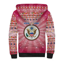 USA Christmas Sherpa Hoodie with Bald Eagle Seal Pink Starburst Pattern and Festive Holiday Icons - Wonder Print Shop
