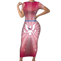USA Christmas Short Sleeve Bodycon Dress with Bald Eagle Seal Pink Starburst Pattern and Festive Holiday Icons - Wonder Print Shop