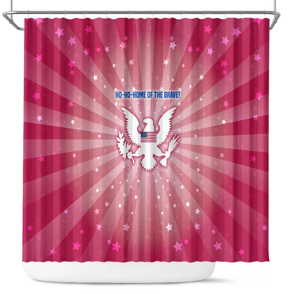 USA Christmas Shower Curtain with Bald Eagle Seal Pink Starburst Pattern and Festive Holiday Icons - Wonder Print Shop