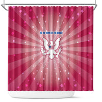 USA Christmas Shower Curtain with Bald Eagle Seal Pink Starburst Pattern and Festive Holiday Icons - Wonder Print Shop