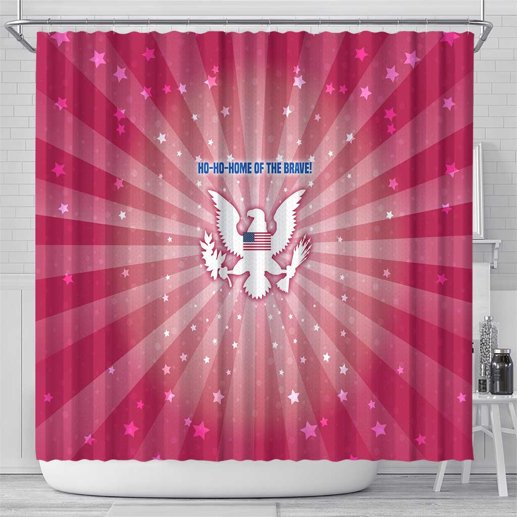USA Christmas Shower Curtain with Bald Eagle Seal Pink Starburst Pattern and Festive Holiday Icons - Wonder Print Shop