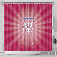 USA Christmas Shower Curtain with Bald Eagle Seal Pink Starburst Pattern and Festive Holiday Icons - Wonder Print Shop