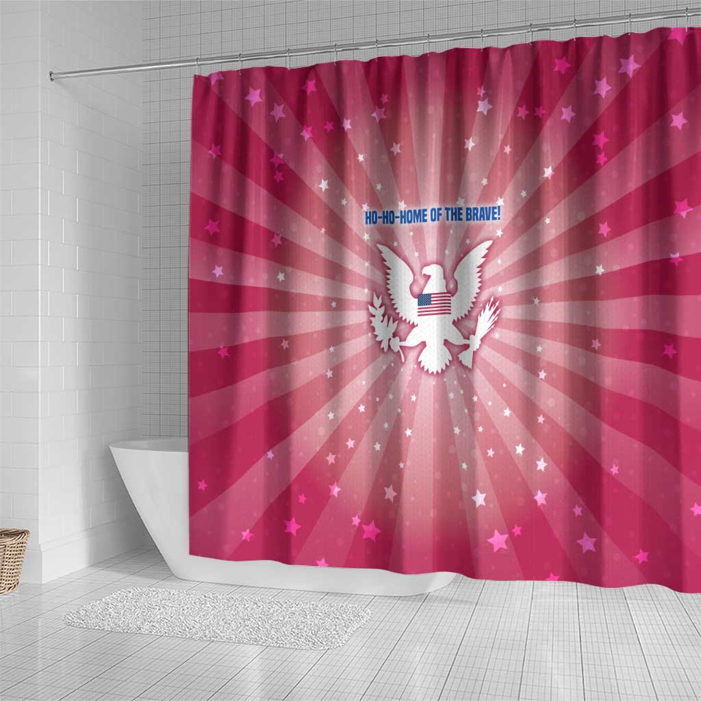 USA Christmas Shower Curtain with Bald Eagle Seal Pink Starburst Pattern and Festive Holiday Icons - Wonder Print Shop