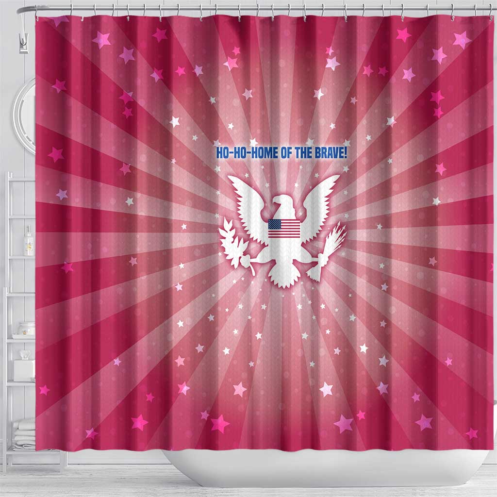 USA Christmas Shower Curtain with Bald Eagle Seal Pink Starburst Pattern and Festive Holiday Icons - Wonder Print Shop