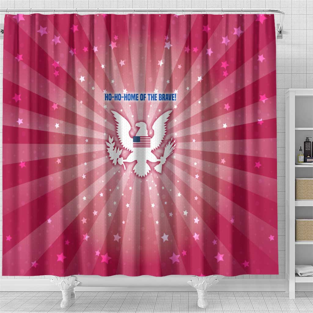 USA Christmas Shower Curtain with Bald Eagle Seal Pink Starburst Pattern and Festive Holiday Icons - Wonder Print Shop