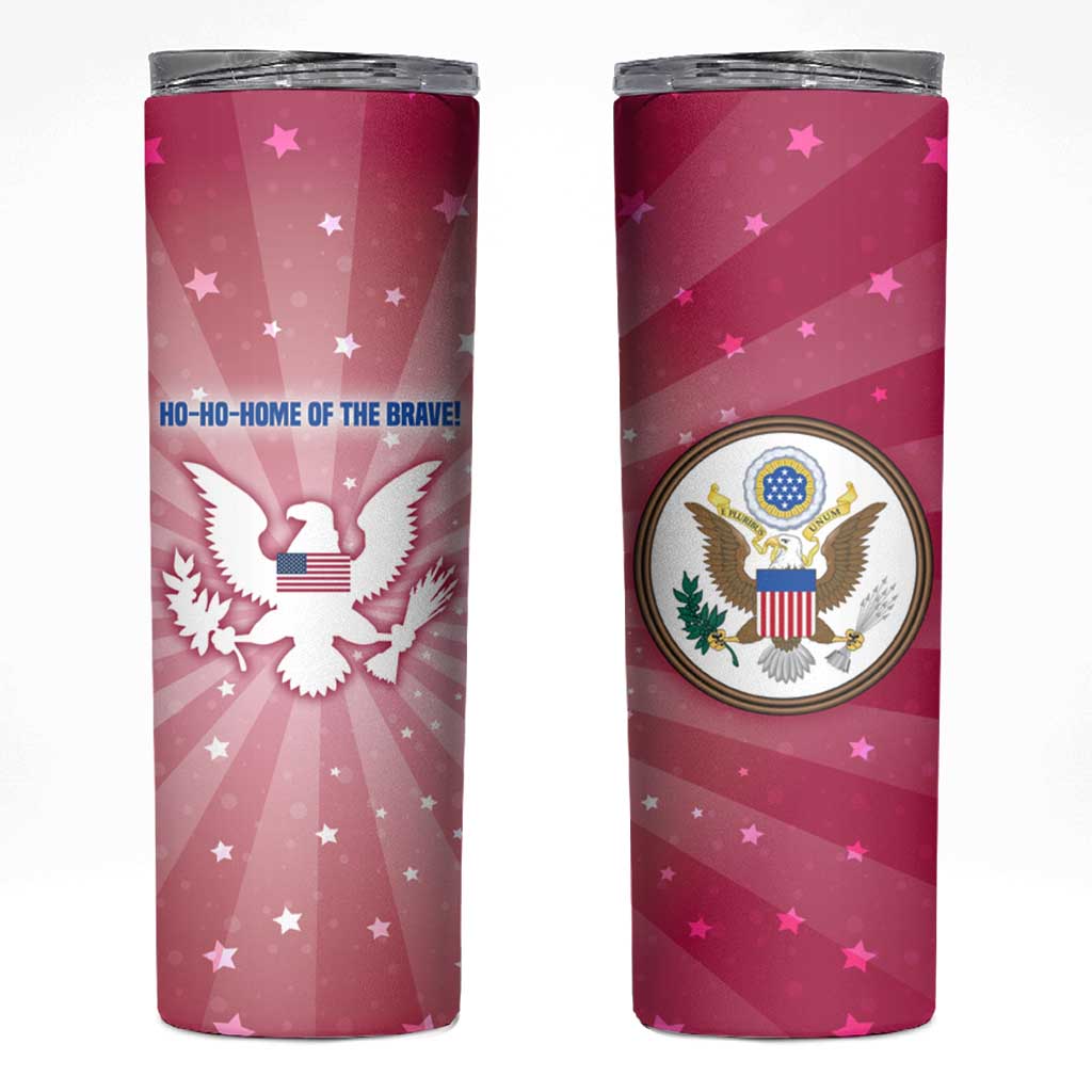 USA Christmas Skinny Tumbler with Bald Eagle Seal Pink Starburst Pattern and Festive Holiday Icons - Wonder Print Shop