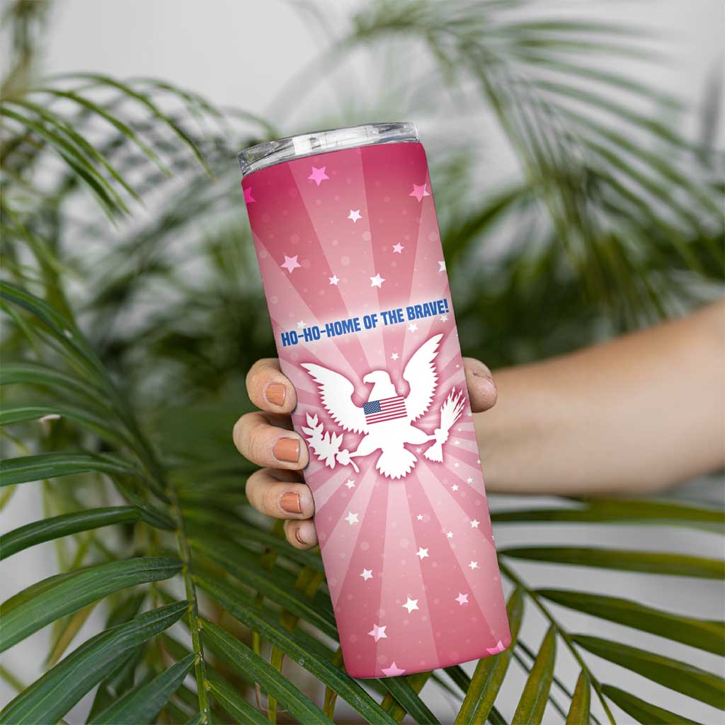 USA Christmas Skinny Tumbler with Bald Eagle Seal Pink Starburst Pattern and Festive Holiday Icons - Wonder Print Shop