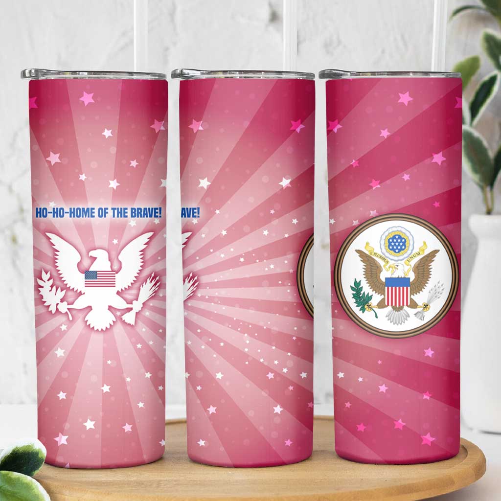 USA Christmas Skinny Tumbler with Bald Eagle Seal Pink Starburst Pattern and Festive Holiday Icons - Wonder Print Shop