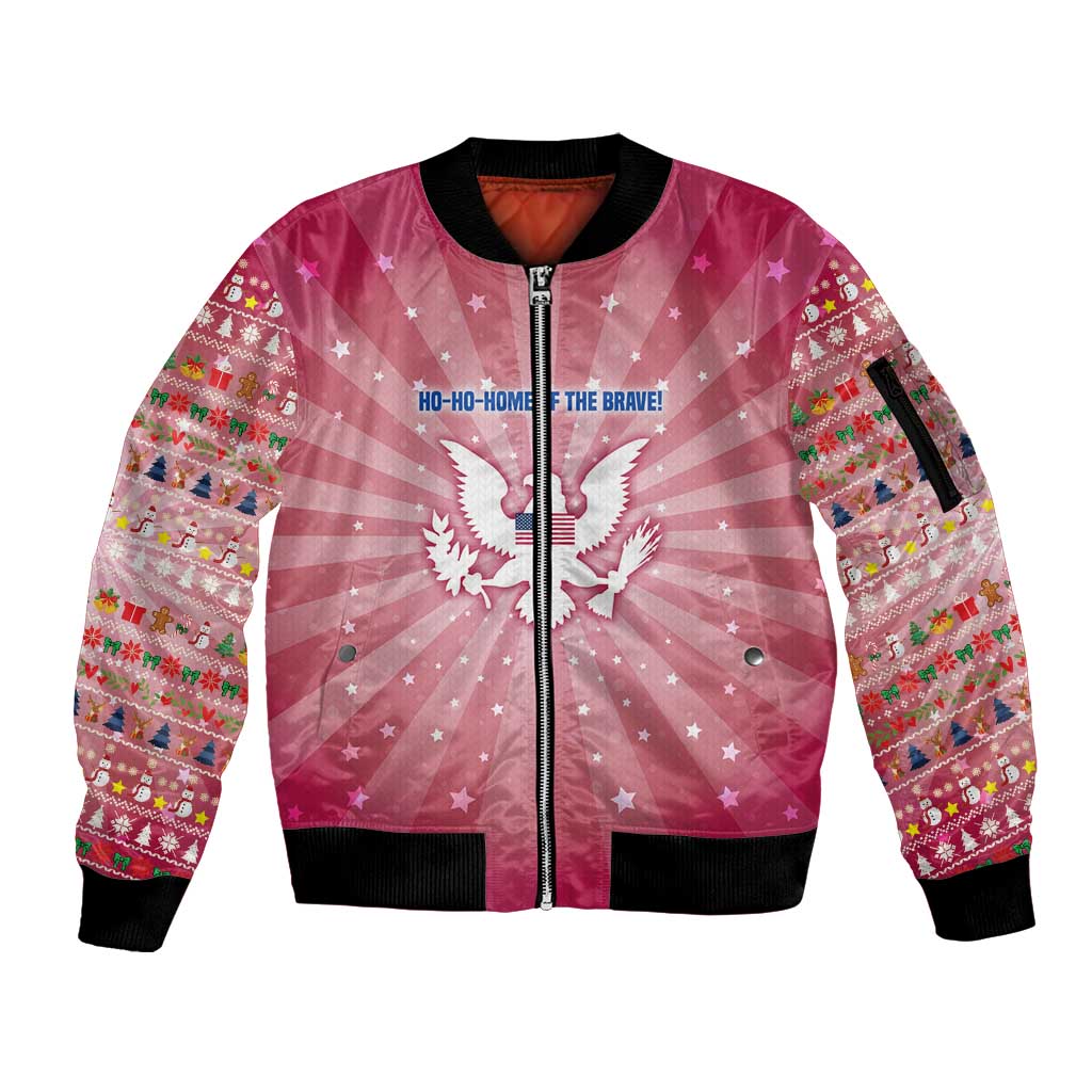 USA Christmas Sleeve Zip Bomber Jacket with Bald Eagle Seal Pink Starburst Pattern and Festive Holiday Icons - Wonder Print Shop