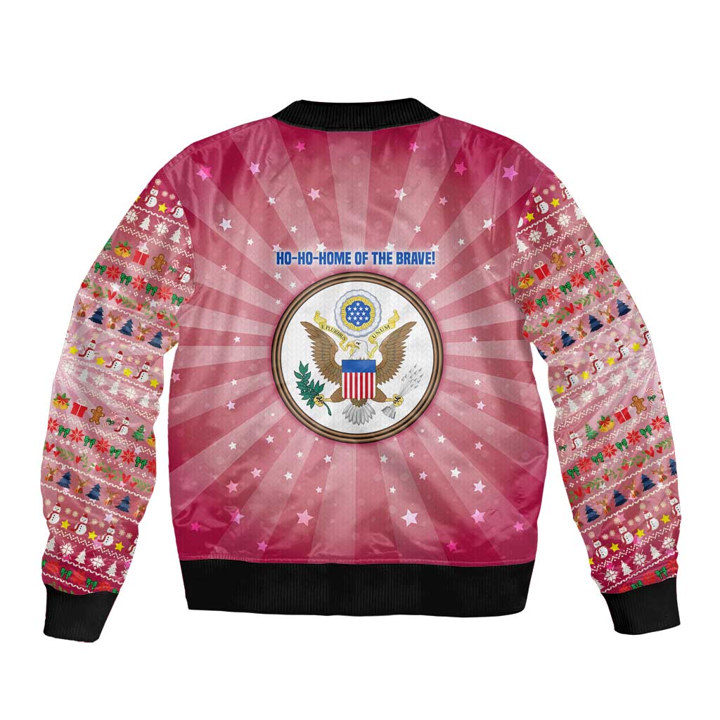 USA Christmas Sleeve Zip Bomber Jacket with Bald Eagle Seal Pink Starburst Pattern and Festive Holiday Icons - Wonder Print Shop