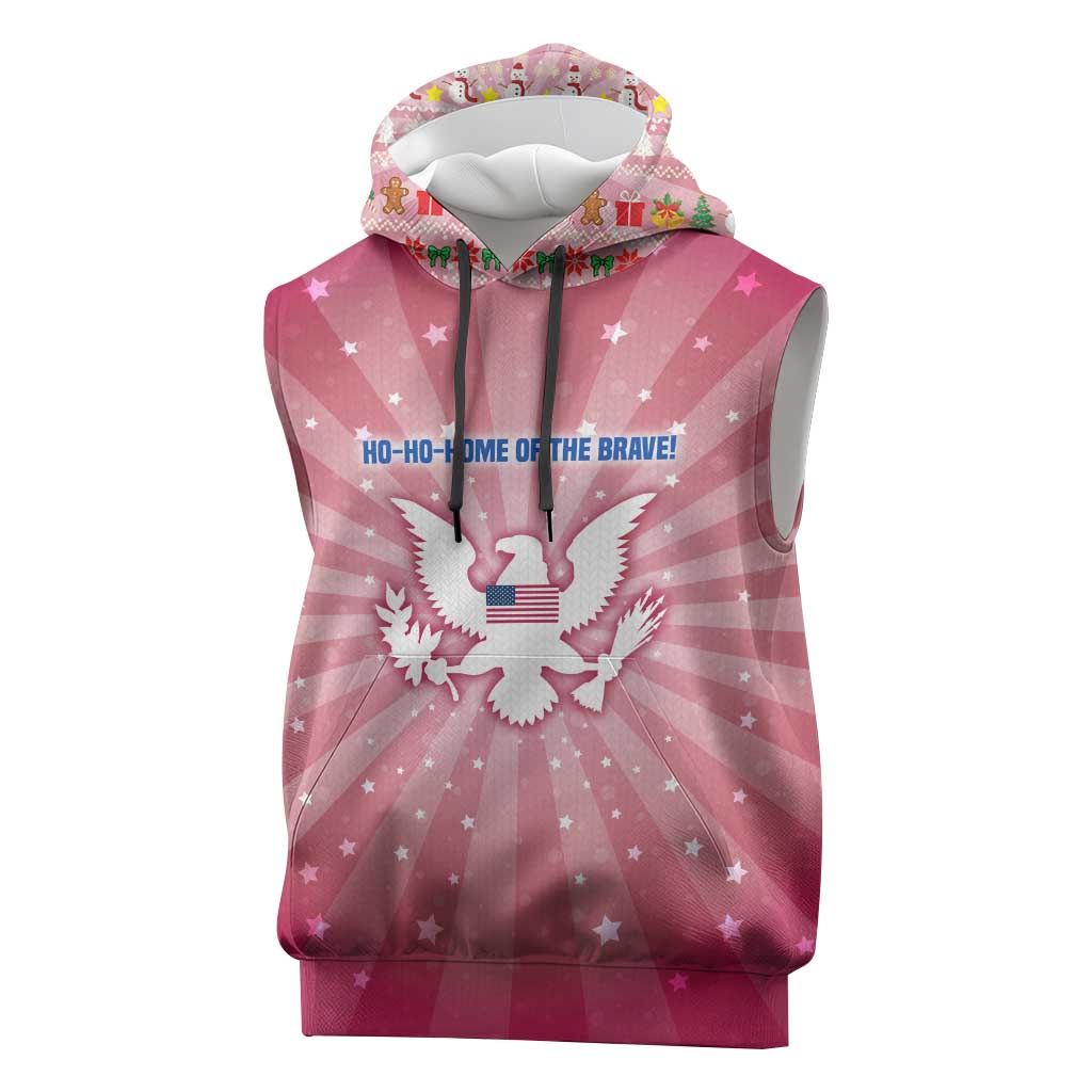 USA Christmas Sleeveless Hoodie with Bald Eagle Seal Pink Starburst Pattern and Festive Holiday Icons - Wonder Print Shop
