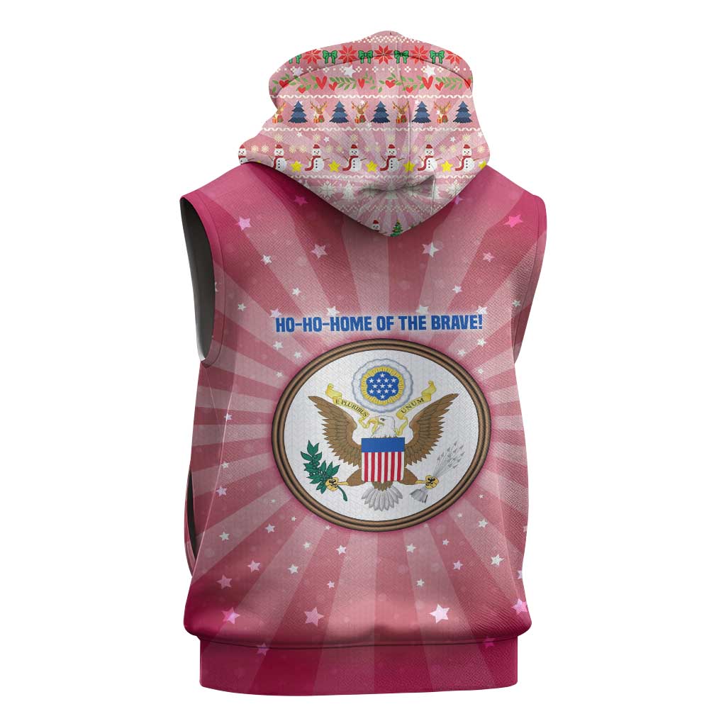 USA Christmas Sleeveless Hoodie with Bald Eagle Seal Pink Starburst Pattern and Festive Holiday Icons - Wonder Print Shop