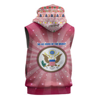 USA Christmas Sleeveless Hoodie with Bald Eagle Seal Pink Starburst Pattern and Festive Holiday Icons - Wonder Print Shop