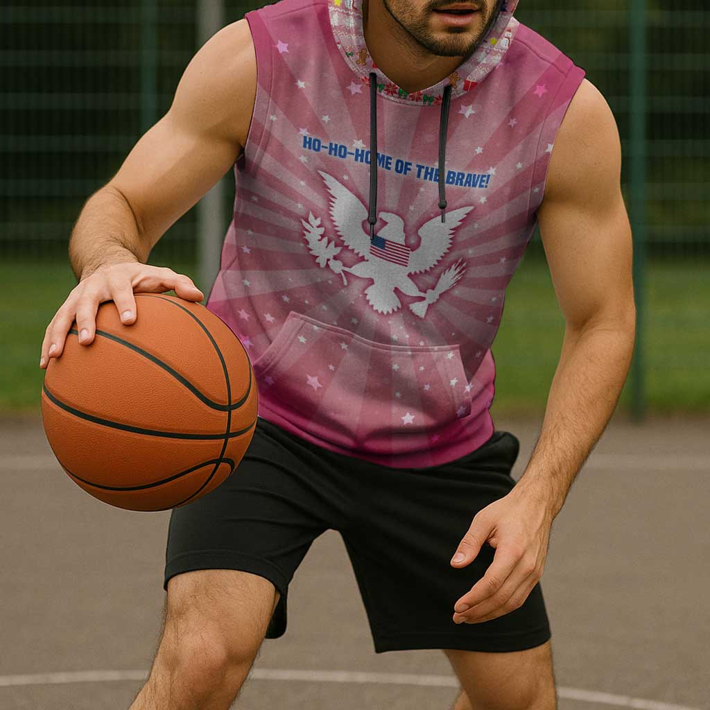 USA Christmas Sleeveless Hoodie with Bald Eagle Seal Pink Starburst Pattern and Festive Holiday Icons - Wonder Print Shop