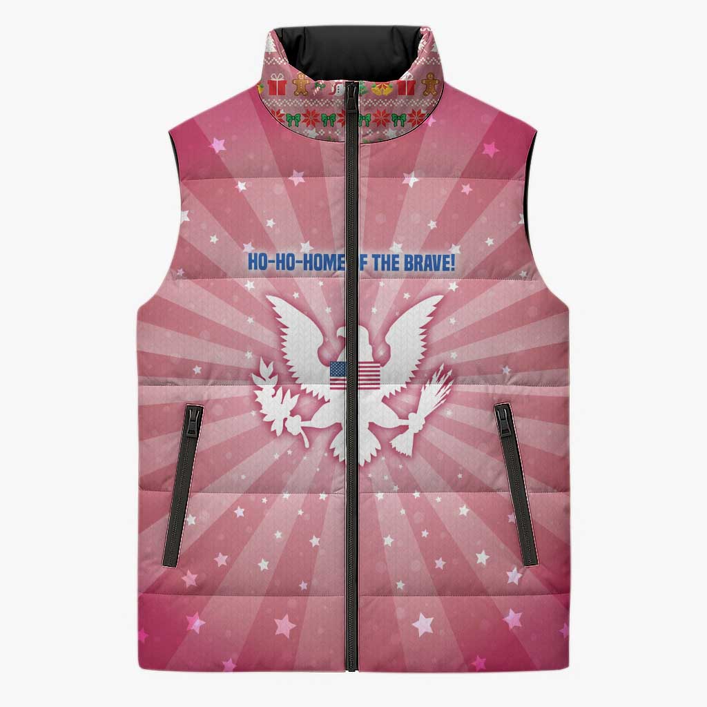 USA Christmas Sleeveless Puffer Jacket with Bald Eagle Seal Pink Starburst Pattern and Festive Holiday Icons - Wonder Print Shop