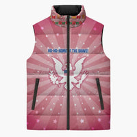 USA Christmas Sleeveless Puffer Jacket with Bald Eagle Seal Pink Starburst Pattern and Festive Holiday Icons - Wonder Print Shop