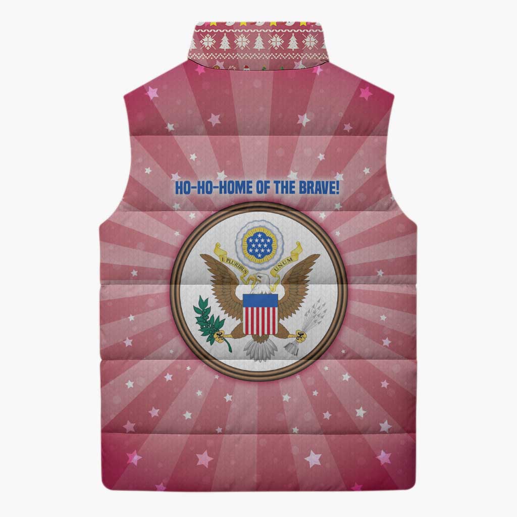 USA Christmas Sleeveless Puffer Jacket with Bald Eagle Seal Pink Starburst Pattern and Festive Holiday Icons - Wonder Print Shop