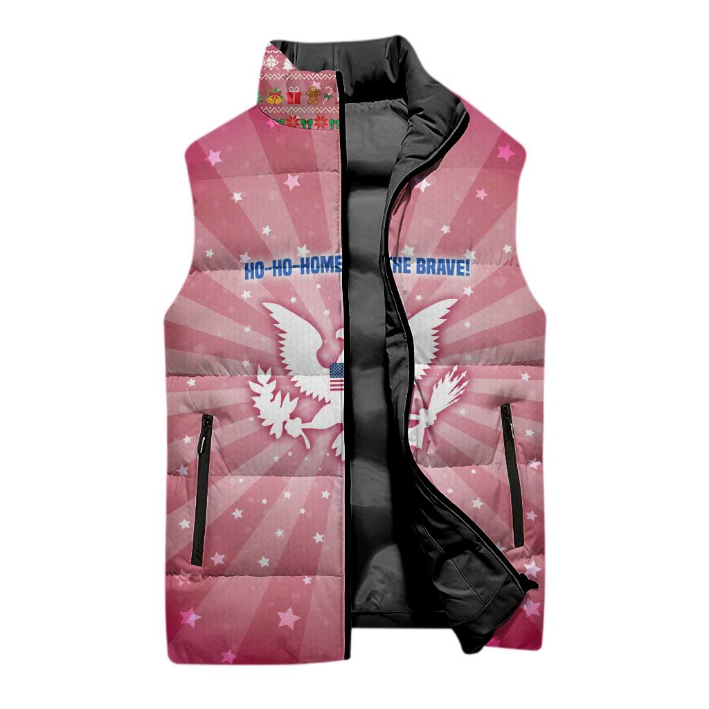 USA Christmas Sleeveless Puffer Jacket with Bald Eagle Seal Pink Starburst Pattern and Festive Holiday Icons - Wonder Print Shop