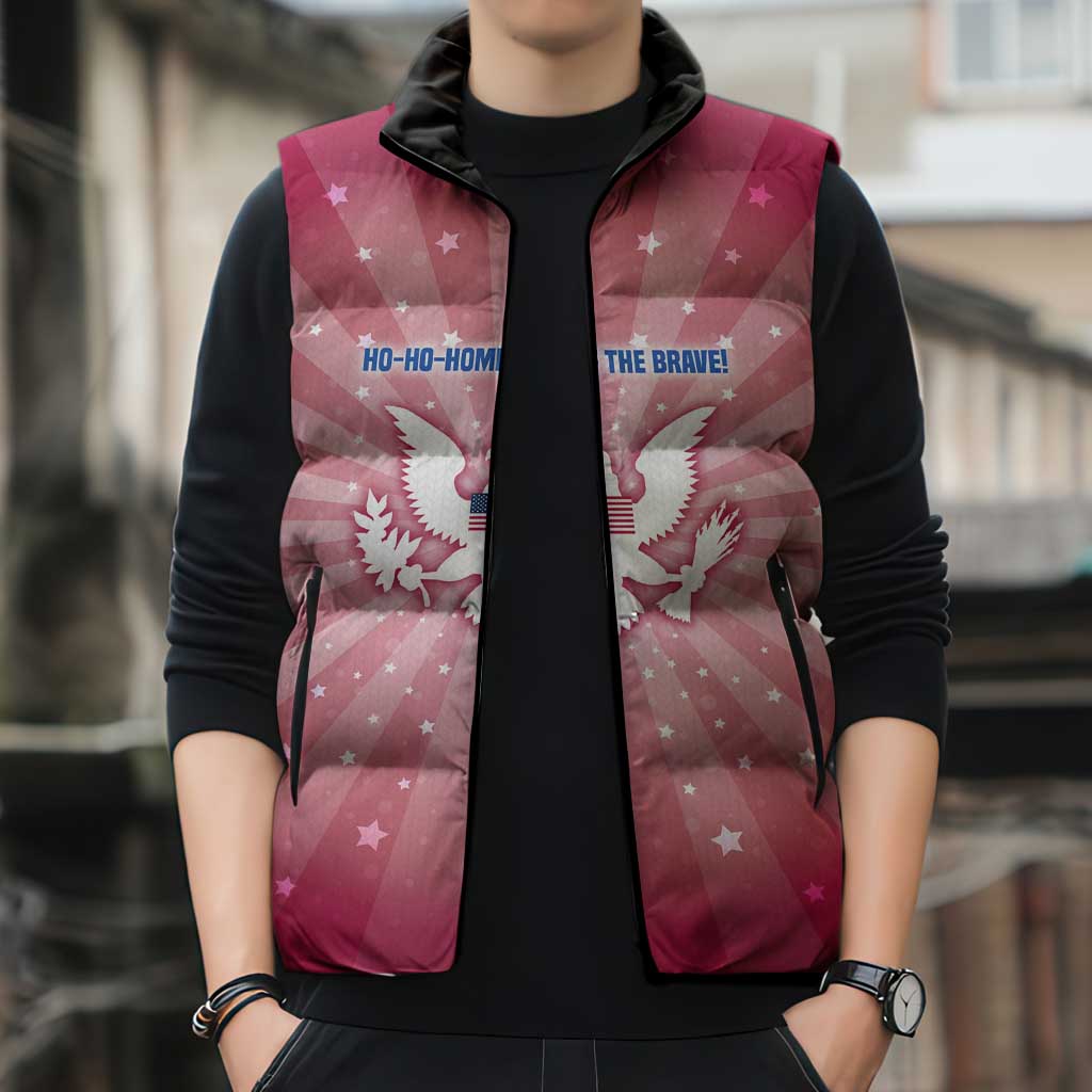 USA Christmas Sleeveless Puffer Jacket with Bald Eagle Seal Pink Starburst Pattern and Festive Holiday Icons - Wonder Print Shop