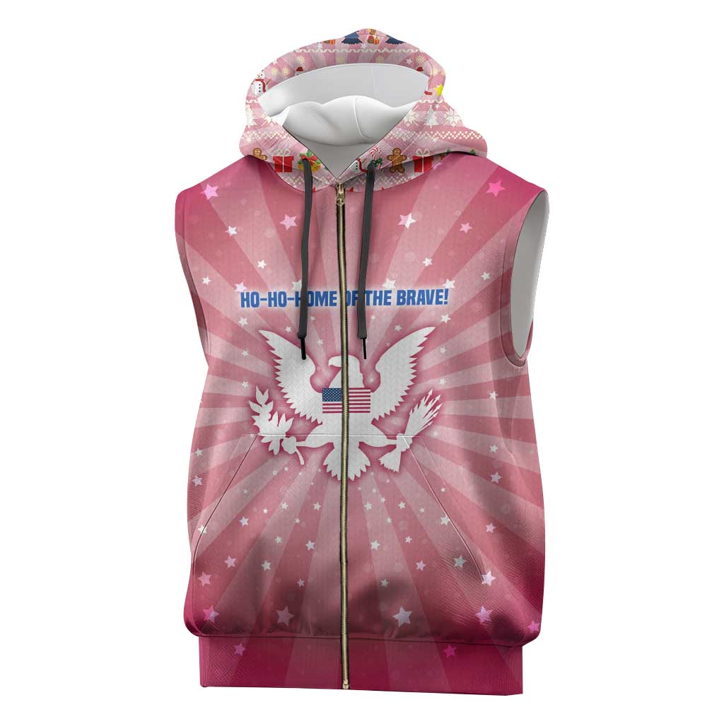 USA Christmas Sleeveless Zip Hoodie with Bald Eagle Seal Pink Starburst Pattern and Festive Holiday Icons - Wonder Print Shop