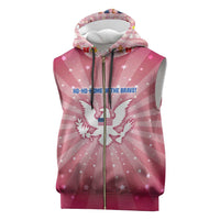USA Christmas Sleeveless Zip Hoodie with Bald Eagle Seal Pink Starburst Pattern and Festive Holiday Icons - Wonder Print Shop